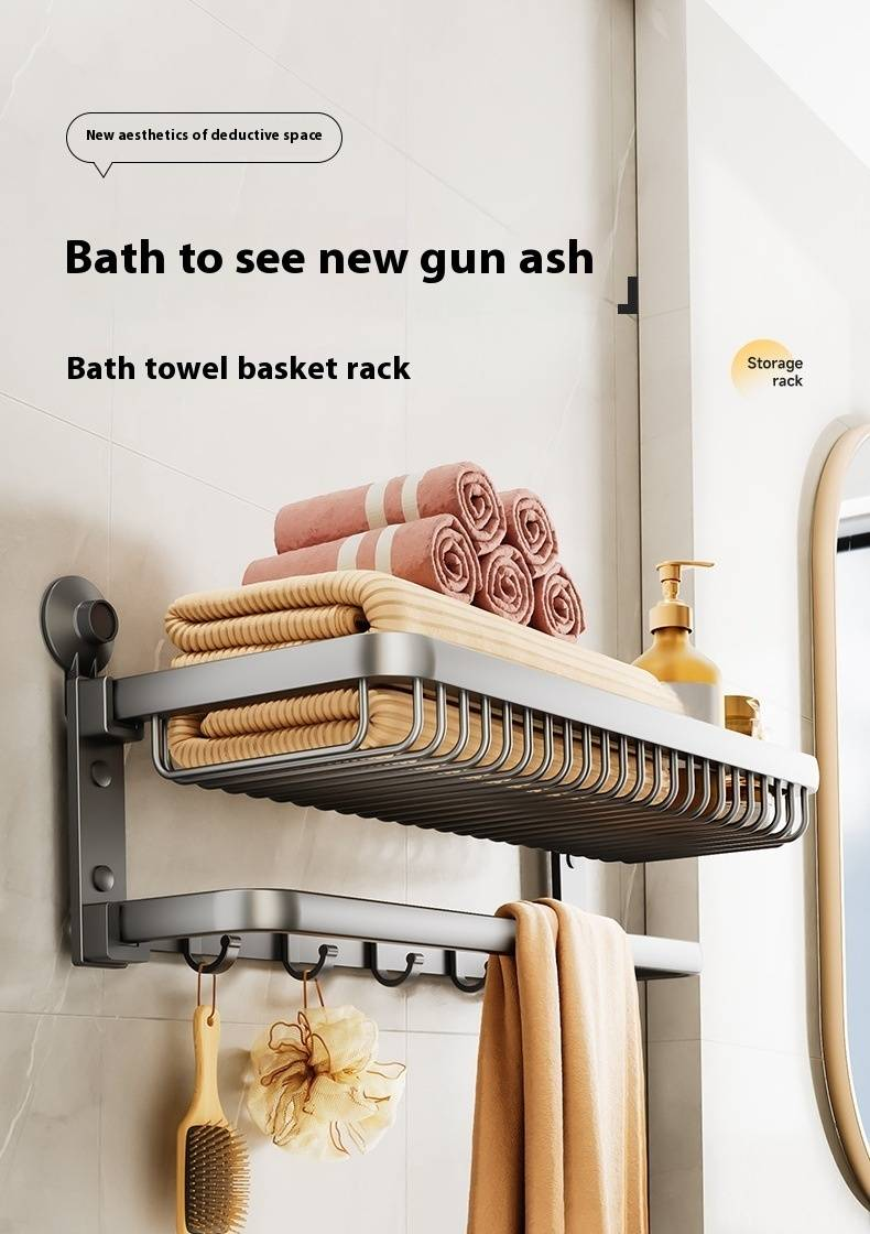 Badezimmer-Organizer ohne Bohren – Handtuchhalter aus Aluminium mit Saugnapf und faltbarem Regal, Wandmontage für Bad und Toilette_voghion.com