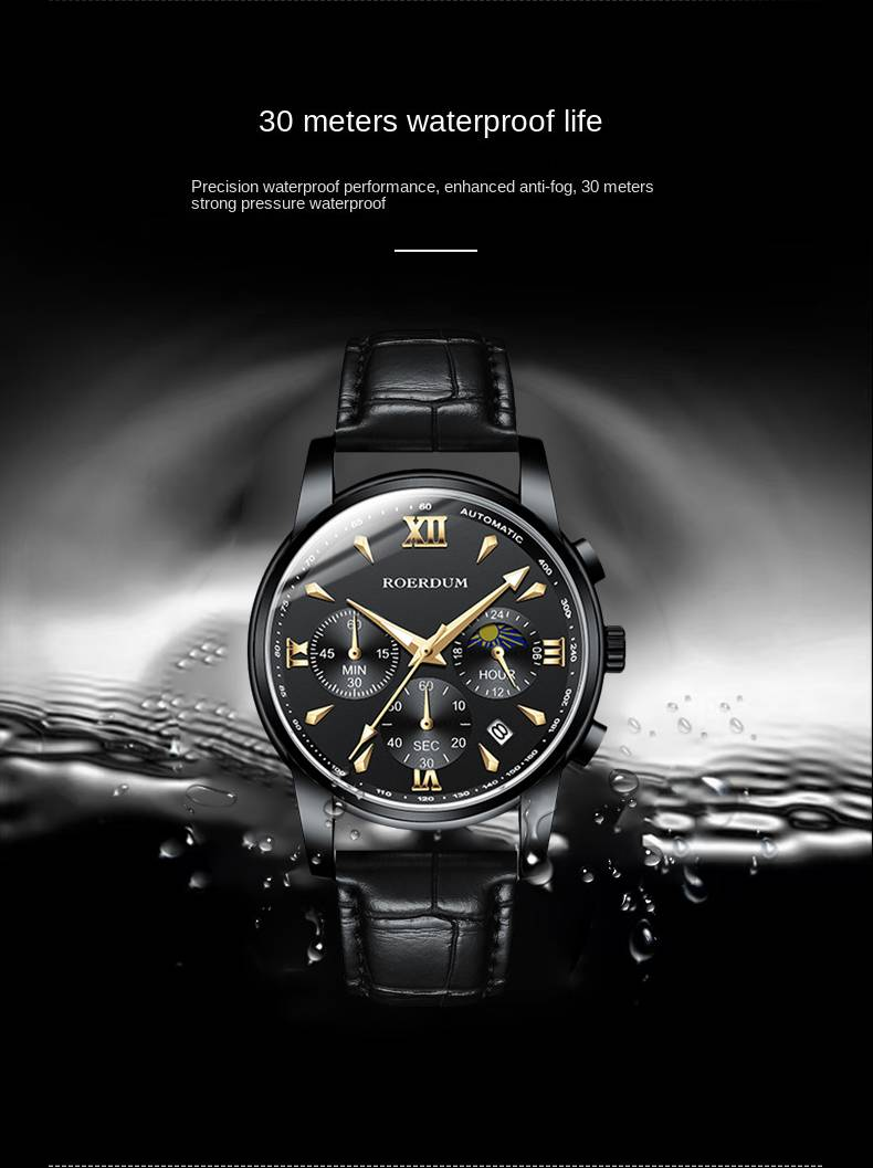 Série ROERDUM Cool Play - Movimento de quartzo, pulseira de couro, mostrador preto, relógio masculino casual e estiloso_voghion.com
