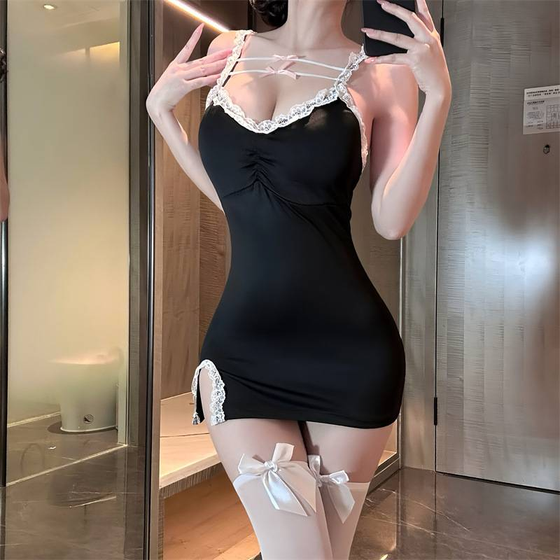 Women's Sleepwears New Deep V Suspender Pajamas Home Clothes Women's Suit Straps Slit Lace Chest Pad Tight Hip Nightdress_voghion.com