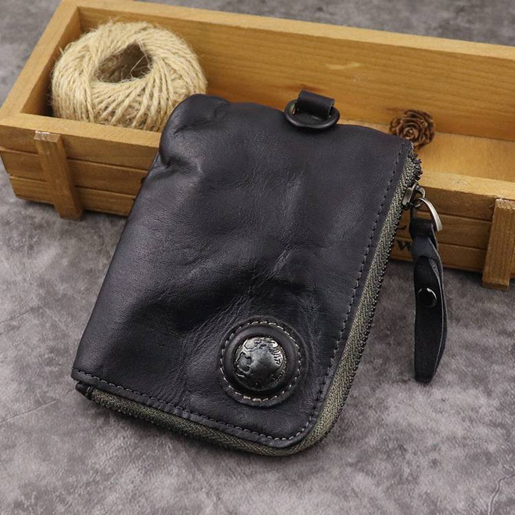 Wallet, Vintage Vegetable Tanned Leather, Distressed Wallet, Zipper Wallet, Key Holder, Card Holder_voghion.com