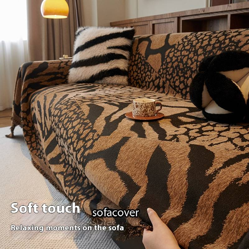 Vintage Chenille Leopard Print Sofa Cover Throw Blanket - Soft Thick Textured Fabric For 3-Seater Couch - French Style Thickened Sofa Blanket_voghion.com