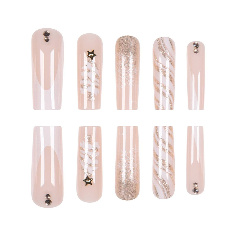Unghie finte lunghe a pressione, albero di Natale invernale, stelle dorate, fiocchi di neve bianchi, unghie finte con colla/gel, stile Ins, unghie finte alla moda per le donne_voghion.com
