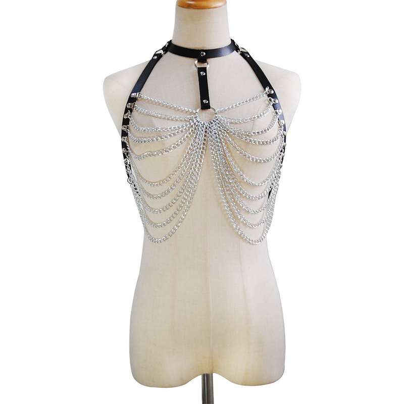 Modische mehrlagige Körperkette aus PU-Leder mit Metallakzenten – stilvoller Brustschmuck für Frauen_voghion.com