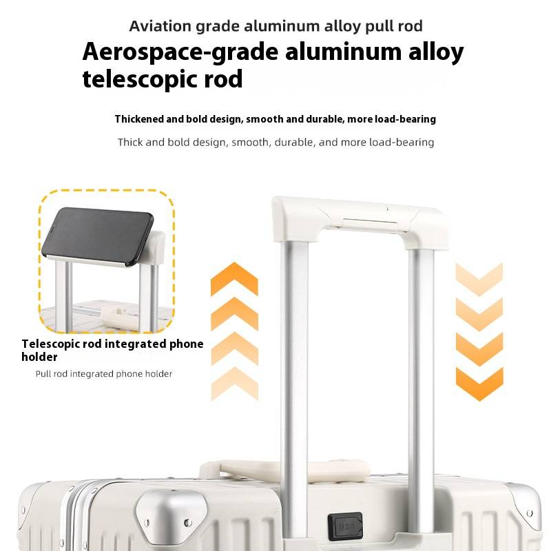Valigia resistente con telaio in alluminio, doppia porta di ricarica USB, portabicchieri e supporto per telefono, ruote girevoli a 360°, valigia da cabina e da stiva_voghion.com