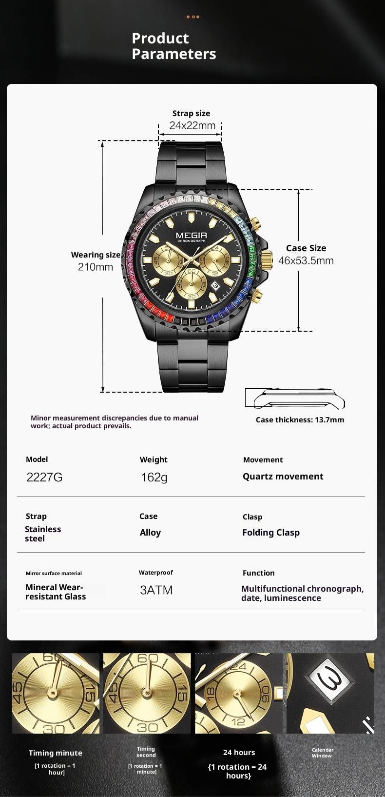 Orologio da uomo con lunetta arcobaleno e diamanti – Orologio al quarzo impermeabile in acciaio inossidabile da 46 mm con data e lancette luminose_voghion.com