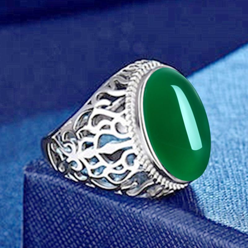 New Elegant And Bold Jade Temperamental Green Agate Adjustable Ring, Chalcedony Hollow Ring_voghion.com