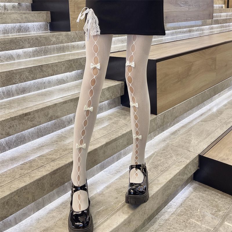 Japansk stil söt flicka rutig sammet handgjord rosett ihåliga hål strumpbyxor vita strumpbyxor_voghion.com