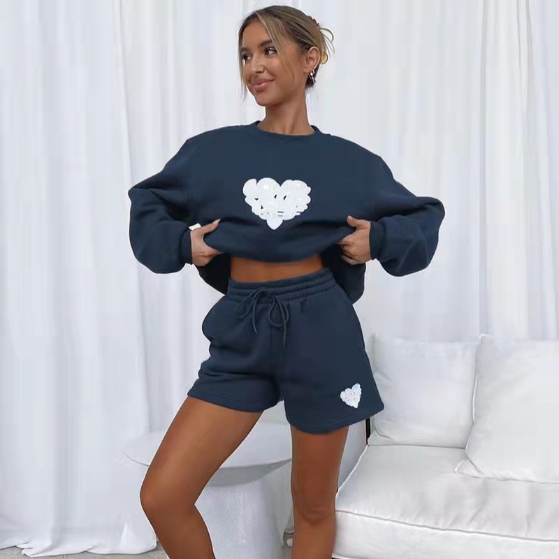 Women's fashion casual printed shorts two-piece set plus fleece long-sleeved hoodie set_voghion.com