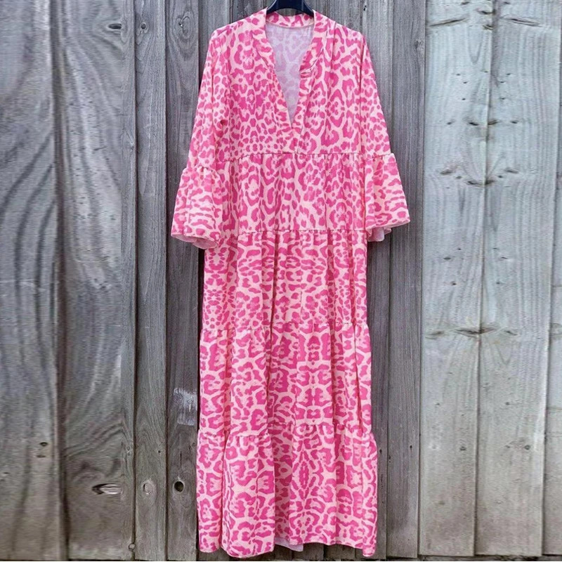 2024 våren Långärmad dam med leopardtryck tunika midja, ledig lös V-ringning, flödande höstklänningsgrupp_voghion.com