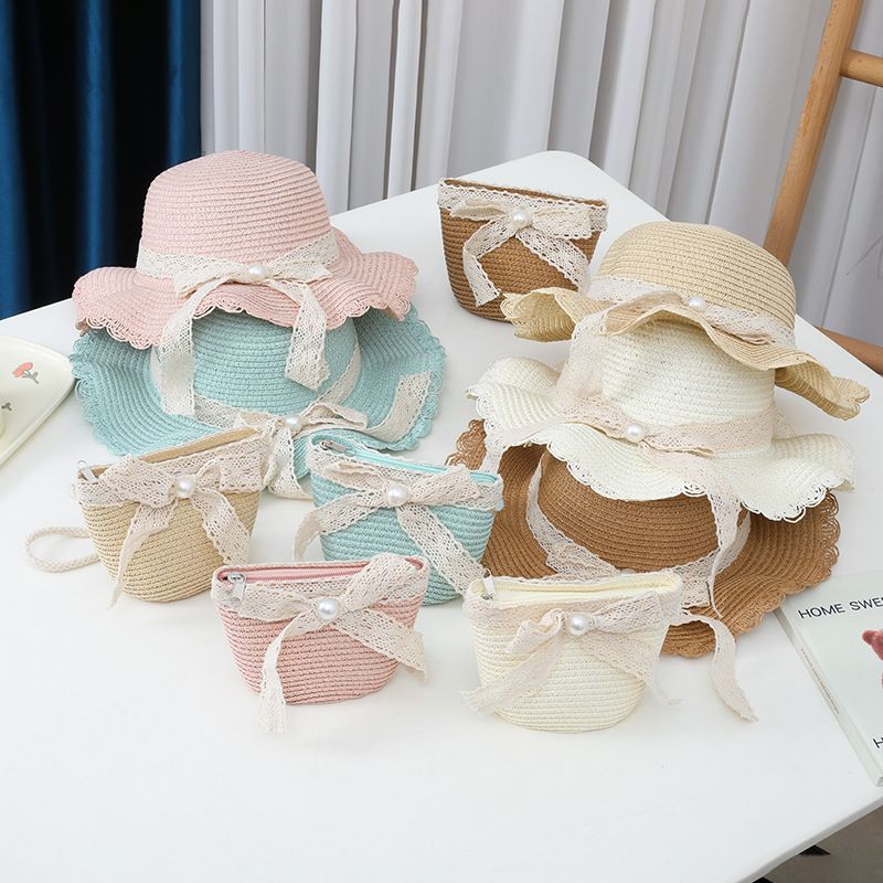 Moda Ragazze Paglia Turismo Fiore Bambini Cappello da Sole e Borsa Set Bambino Esterno Tesa Larga Cappelli da Pescatore per Bambini_voghion.com