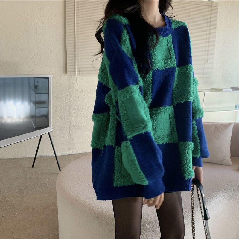 Retro checkerboard plaid sweater for women in autumn and winter thickened outer wear loose lazy style pullover round neck sweater top_voghion.com