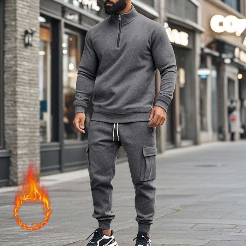 Fleecegefüttertes Sweatshirt-Set mit Viertelreißverschluss für Herren – Slim Fit Thermo-Jogging-Outfit für Herbst und Winter_voghion.com