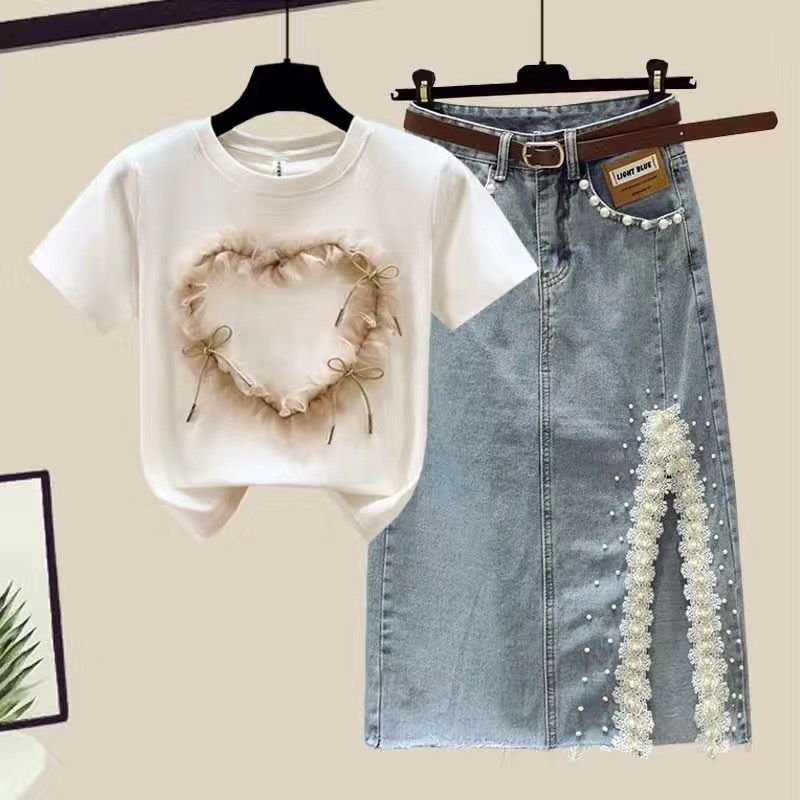 Damen Moud Short-sleeved Top Split Denim Rock Zwee-Stéck Set (Gürtel net abegraff)_voghion.com