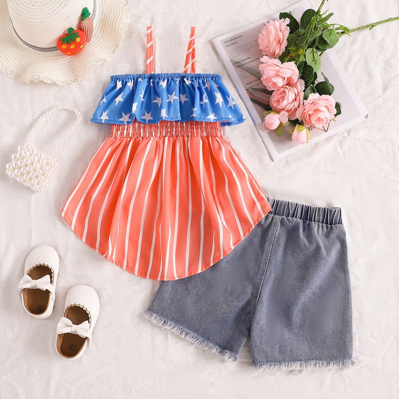 Mutter & kinder Mädchen Sommer Hosenträger Star Tuxedo Denim Shorts Zwei-stück Set Kleine und Mittlere Kinder Gestreiften Kleidung Trend_voghion.com