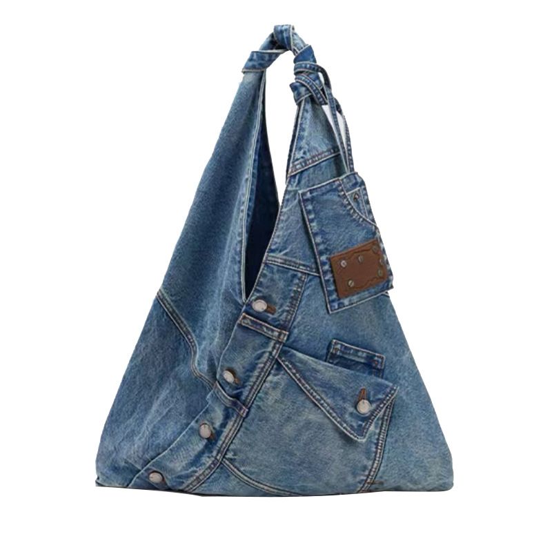 Borsa a tracolla leggera multifunzionale in denim lavato per pendolari, stile pigro, alla moda, versatile_voghion.com
