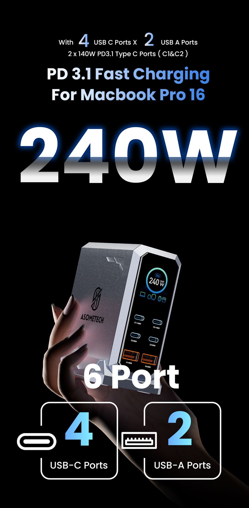 240W GAN Charger 6-IN-1 140W PD3.1 PPS USB Type C Digital Display Fast Charging Station For IPhone 16 15 Book Laptops_voghion.com