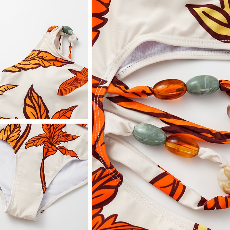 Roupa de banho feminina nova camada de ar babados maple leaf print praia férias maiô de uma peça terno_voghion.com