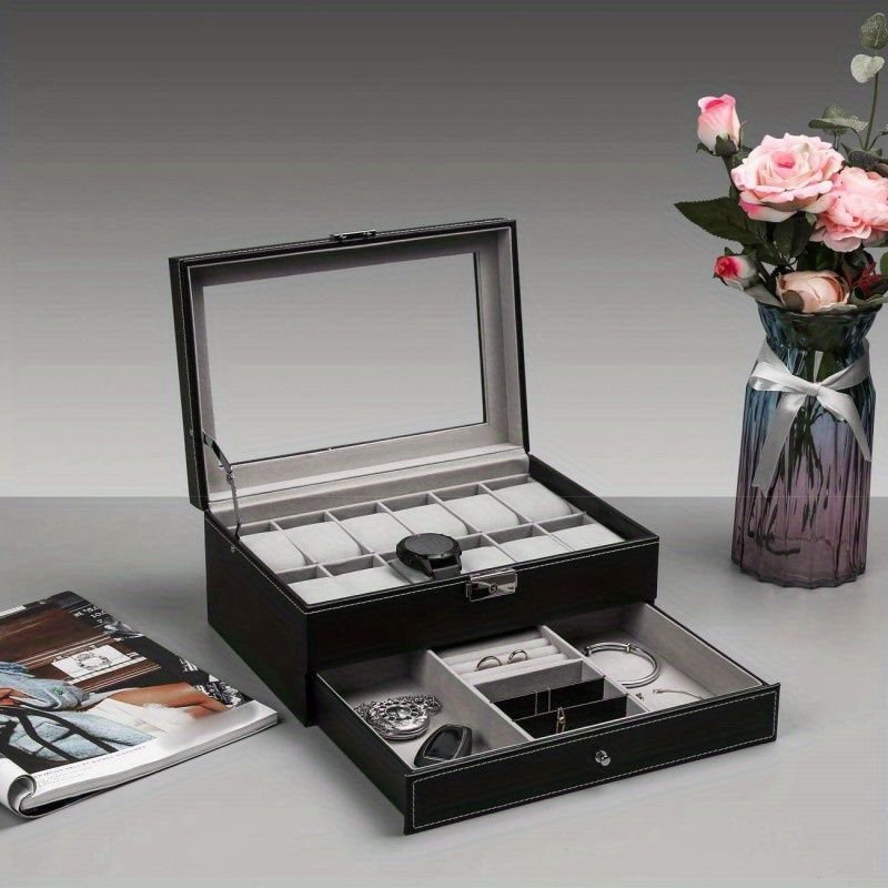 Scatola porta orologi con serratura in pelle PU da 12 scomparti, espositore per gioielli da uomo e da donna con cassetto, espositore per occhiali da orologio a 2 strati con coperchio_voghion.com