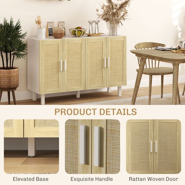 HOMCOM Boho Kitchen Cabinet, Buffet Cabinet With 4 Rattan Doors And Adjustable Shelves For Dining Room, White And Natural_voghion.com