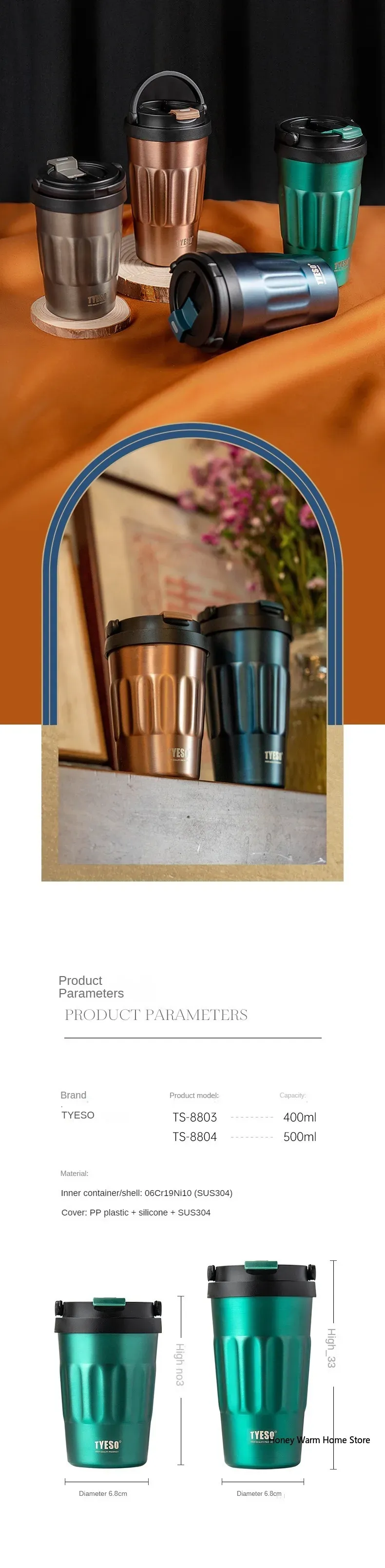 TYESO Thermos Borracce Sottovuoto 400ml/500ml Tazza Isolata in Acciaio Inox 304 Originale Bicchiere per Auto Caffè Freddo e Caldo_voghion.com