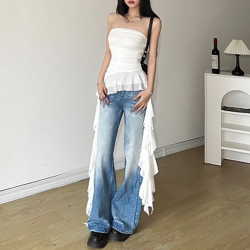 Spring New Women's Solid Color Slim Fit Street Fashion Off-Shoulder Sleeveless Ruched Top_voghion.com
