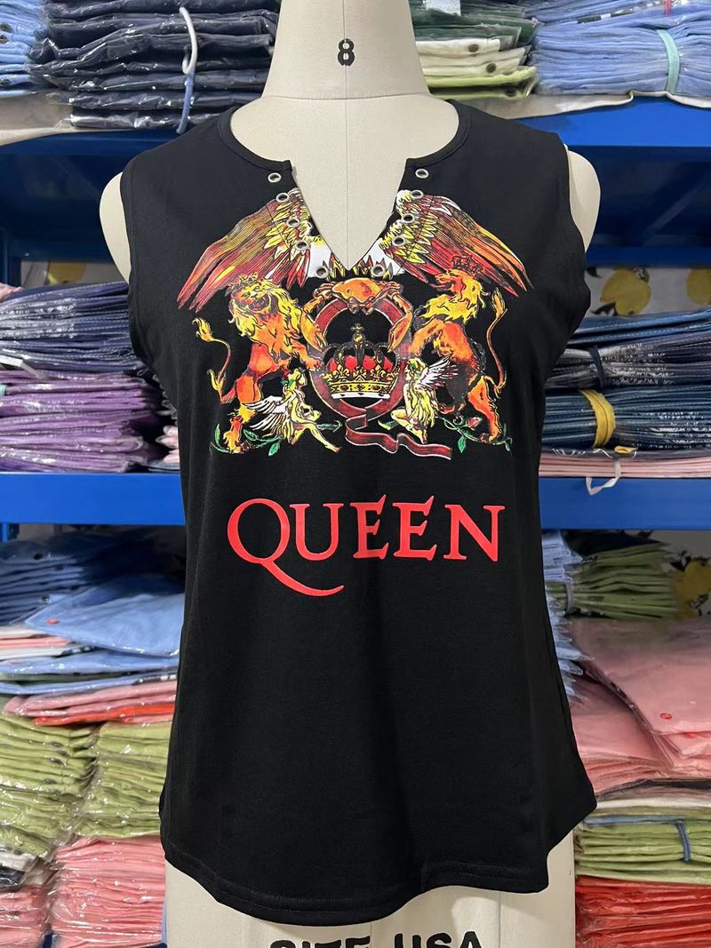 Women's clothing trade women's small vest hot-selling interesting letter printing fashion V-neck sleeveless T-shirt_voghion.com