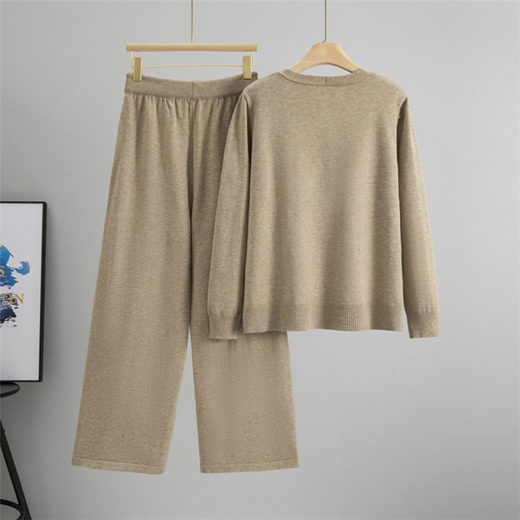 Set van gebreide trui en wijde broek voor dames – oversized vest en broek met hoge taille – kleurgeblokte combinatie van kantoor en weekend (kaki/zwart/grijs)_voghion.com