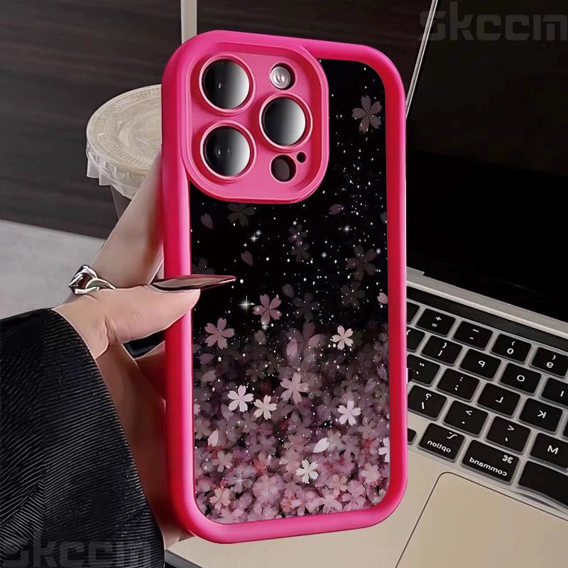 Luxus-Telefonhülle mit Sakura-Laub-Design für iPhone 16 15 14 Pro Max 11 12 13 16E XS X XR 7 8 Plus Matte stoßfeste Softcover_voghion.com