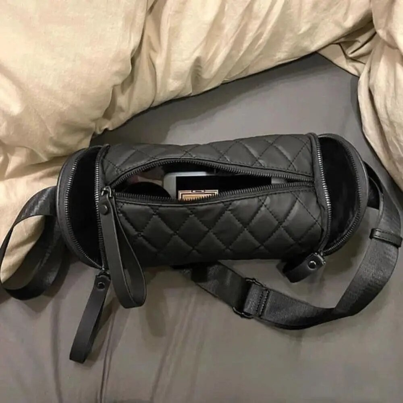 Borsa a tracolla con tracolla a spalla singola con cerniera alla moda a cilindro rotondo con cerniera alla moda, a grande capacità, maschio_voghion.com