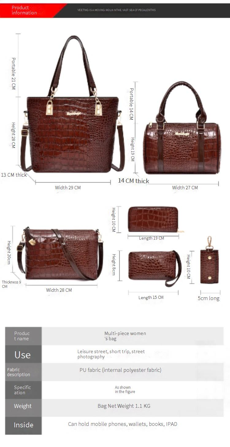 Set de geantă de mână pentru femei, elegantă, cu un singur umăr, geantă de damă vintage, capacitate mare, cu imprimeu de crocodil, set de șase piese_voghion.com