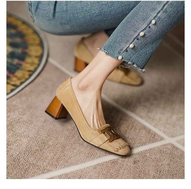 French style single shoe women 2022 spring autumn retro tassel square head women's shoes metal buckle shallow heels_voghion.com