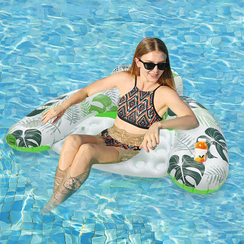 Leaf Print Inflatable Pool Seat - Thickened PVC U-Shaped Floating Lounger With Backrest & Cup Holder Single Person Water Hammock_voghion.com