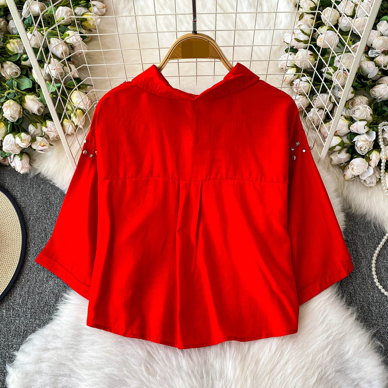 Luxe blouse met versieringen voor dames, statement revers, top met halflange mouwen, 8 levendige kleuren (zwart/groen/rood/meer) voor op kantoor en een avondje uit_voghion.com