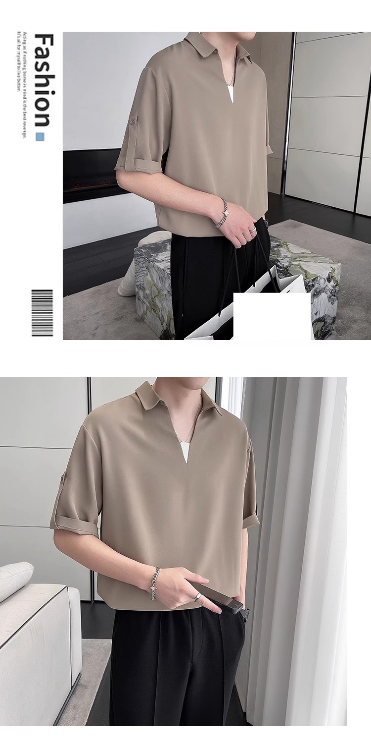 Abbigliamento da uomo, maglietta da uomo in seta ghiacciata con scollo a V, camicia estiva casual retrò in lino a maniche corte, camicia con colletto in stile cinese (bianco, nero, cachi, M-3XL)_voghion.com