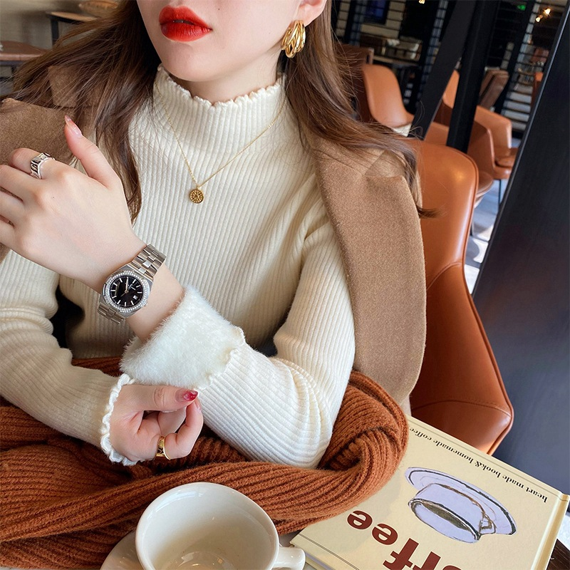 Women's Fleece-Lined Knit Sweater Semi-Turtleneck Winter Warm Pullover Soft Comfortable Casual Tops_voghion.com