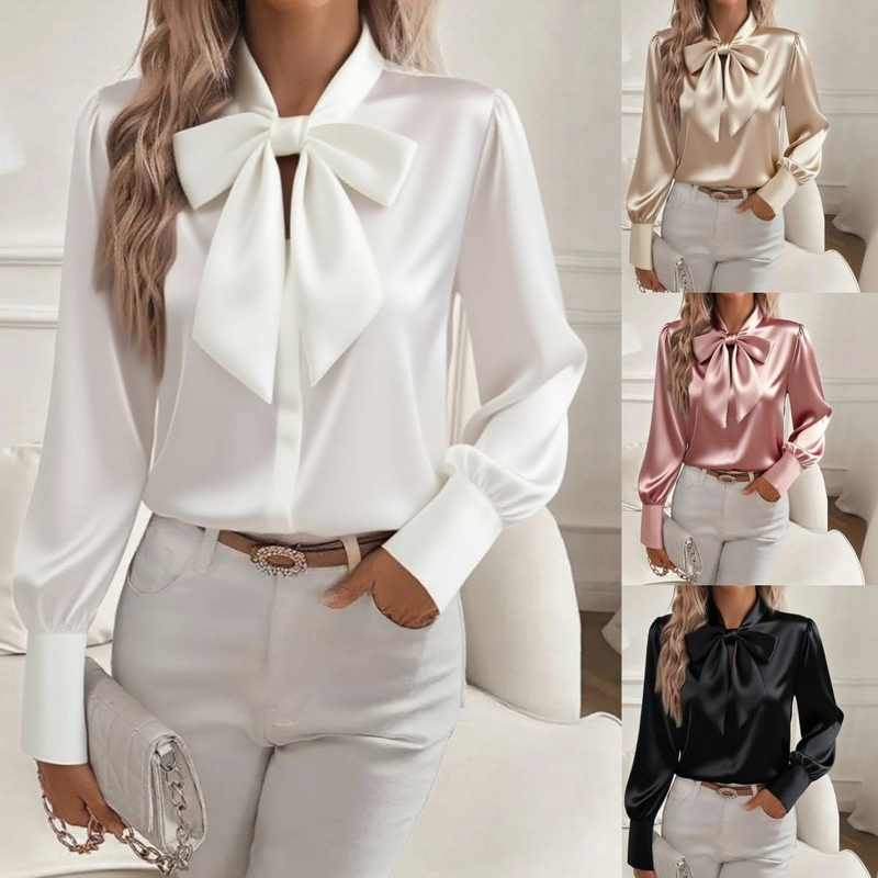 Elegante camicetta in raso con dettaglio a fiocco - Camicia da donna a maniche lunghe per autunno e inverno, ufficio e abbigliamento casual (nero, cachi, rosa, bianco)_voghion.com