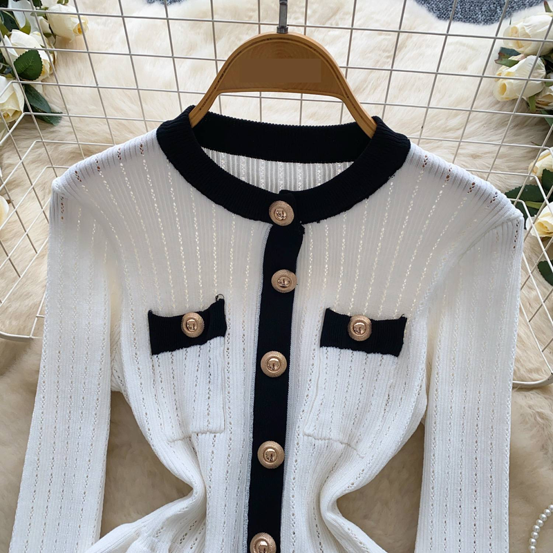 Women's Clothing Metal Button Waist Long Sleeve Luxury-Inspired Contrast Trim Metal Button Long Sleeve Knit Top – Slim Fit High Waist Staple For Fall_voghion.com