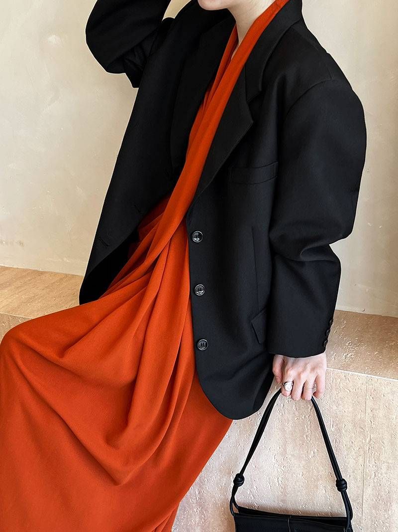 Giacca blazer casual a maniche lunghe in stile coreano da donna, vestibilità ampia vintage con tasche (marrone, nero)_voghion.com