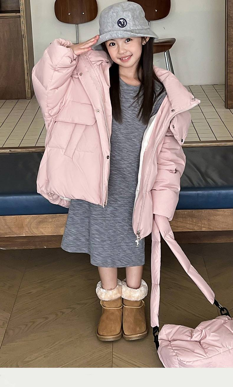 Piumino lungo in stile coreano per ragazze – Giacca invernale spessa con cappuccio, rosa/grigio/nero alla moda (120-160 cm)_voghion.com