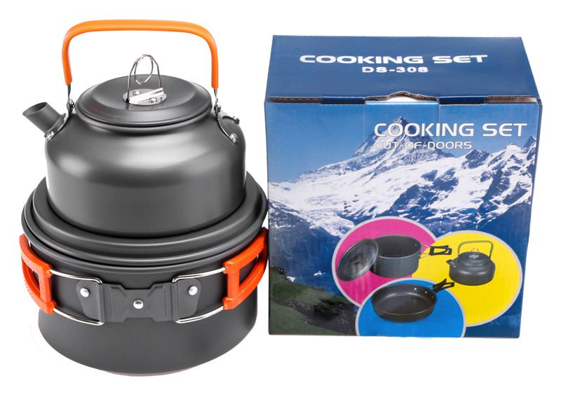 Outdoor-Produkter, Outdoor-Dëppen-Set fir 2-3 Persounen, Camping-Téikännchen-Geschir-Set, dräideelegt Kachgeschir-Set_voghion.com