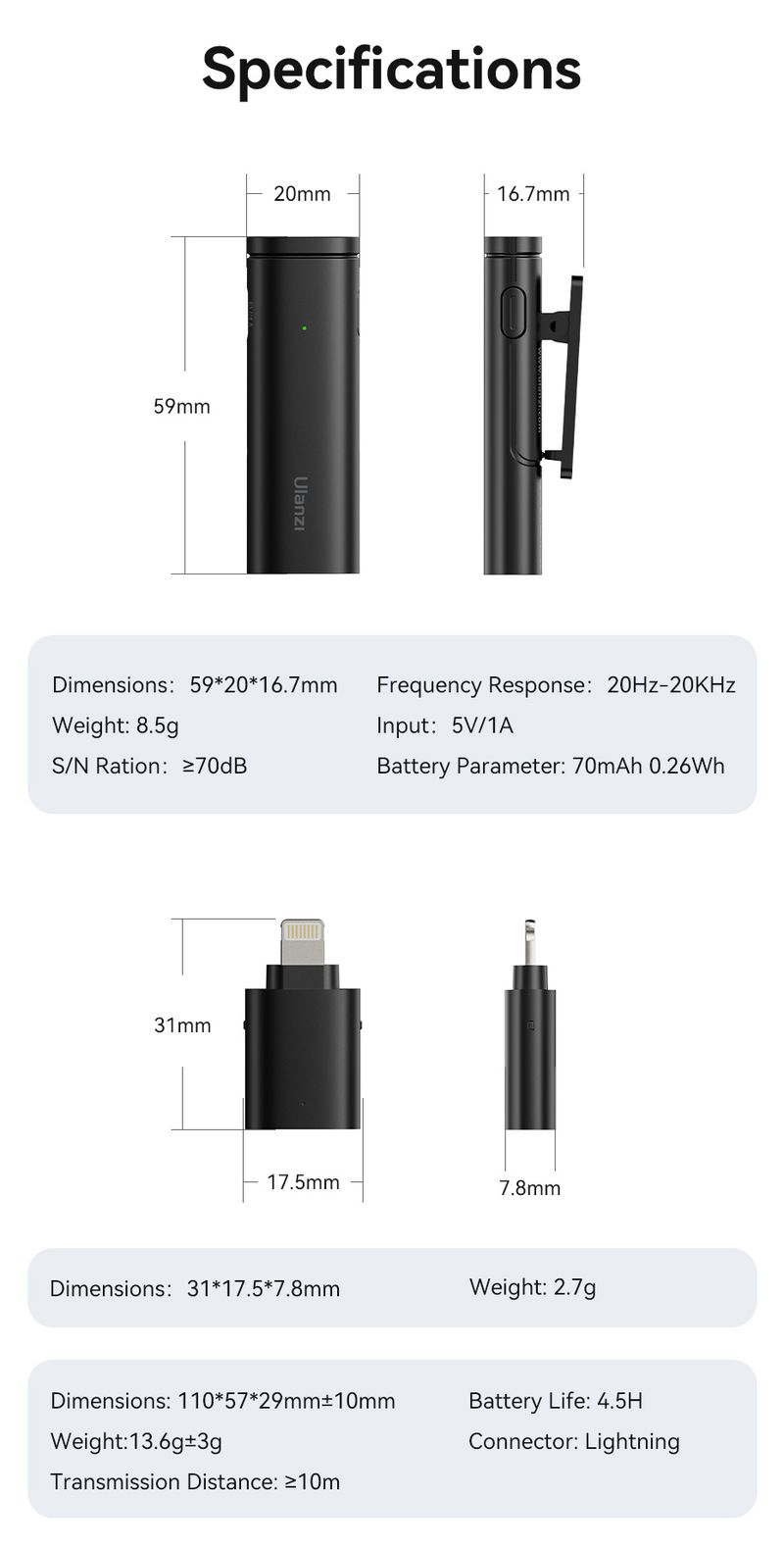 Ulanzi VM-10 Wireless Lavalier Microphone Portable Audio Video Recordi Mini Mic For iPhone Android Live Broadcast_voghion.com