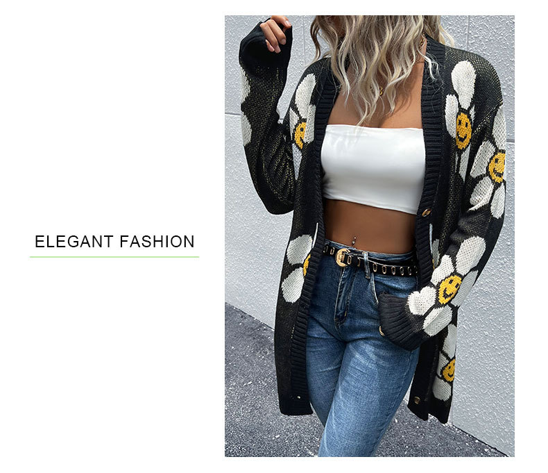 Autunno e inverno, moda popolare europea e americana, abbigliamento femminile, maglione a maniche lunghe con fiori, cardigan medio e lungo_voghion.com