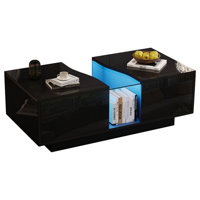 Table basse moderne à LED avec 2 tiroirs, 100 x 50 x 35 cm, plateau en acrylique noir brillant avec éclairage LED, table d'appoint en MDF pour salon et chambre._voghion.com