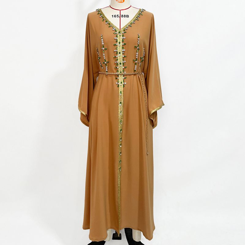 Ženska oblačila, kaki, ročno šivana diamantna potovalna obleka z rokavi Robe Abaya_voghion.com