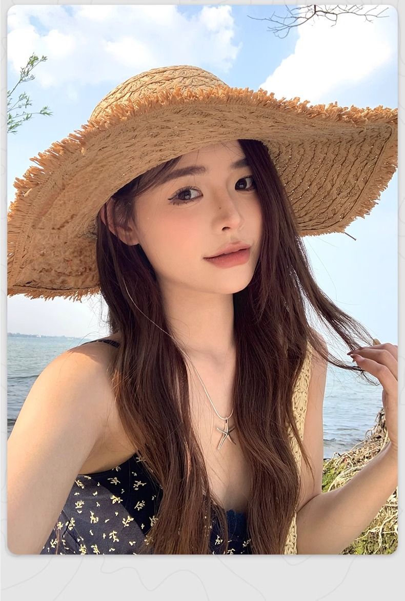 Summer Outdoor Face-Slimmig Sushade Protectio Beach Su Wove Embroidered Letters Extra Large Brim Straw Hat For_voghion.com