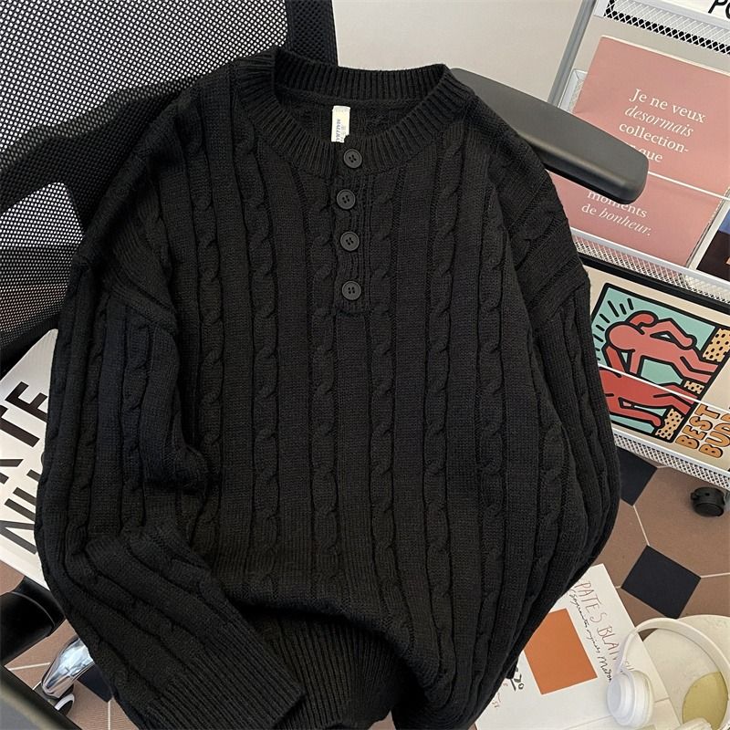 Passender grauer Zopfmusterpullover für Paare – Oversized Henley-Halspullover für Männer und Frauen, weicher und gemütlicher Unisex-Winterpullover_voghion.com
