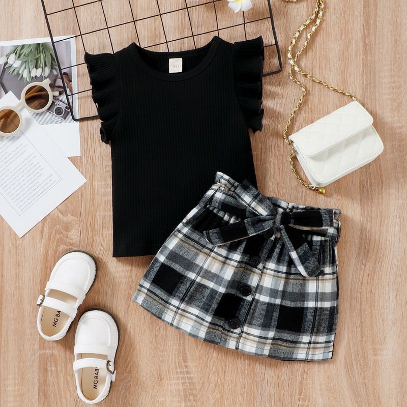 Baoshi Abbigliamento per bambini Instagram Nuovo Pit Stripe Canotta in pizzo Gonna corta a scacchi Set due pezzi_voghion.com