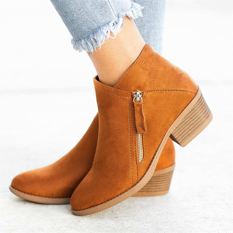 2023 automne nouvelles bottes pour femmes européennes et américaines bout rond fermeture à glissière latérale talon épais bottes en cuir pour femmes grande taille mode couleur unie_voghion.com