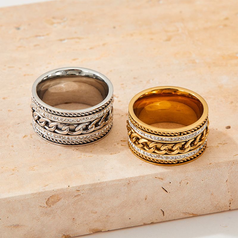 Damessieraden Roestvrijstalen ring met dubbele rij brede band en kubieke zirkonia, gedraaid kettingontwerp om te stapelen, elegant en stijlvol accessoire_voghion.com