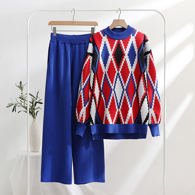 Damenbekleidung, abstrakter Jacquard, locker, schlank, sportlich, modisch, lässig, gestrickter Wollanzug, zweiteiliges Set für Damen_voghion.com